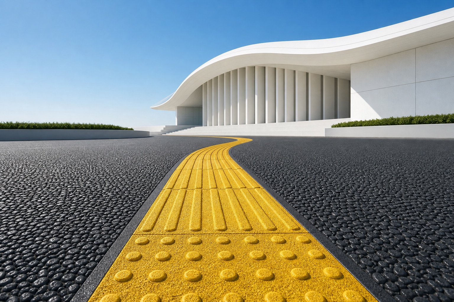 金黄色盲道路径与黑色透水路面，近景可见盲道凸点及骨料
